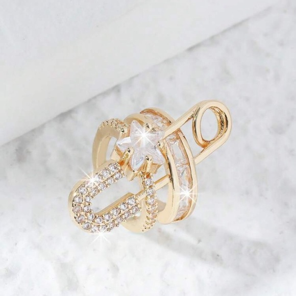 Gold Cubic Zirconia Safety Pin Ear Cuff – 1pc No Piercing - Picture 3 of 3